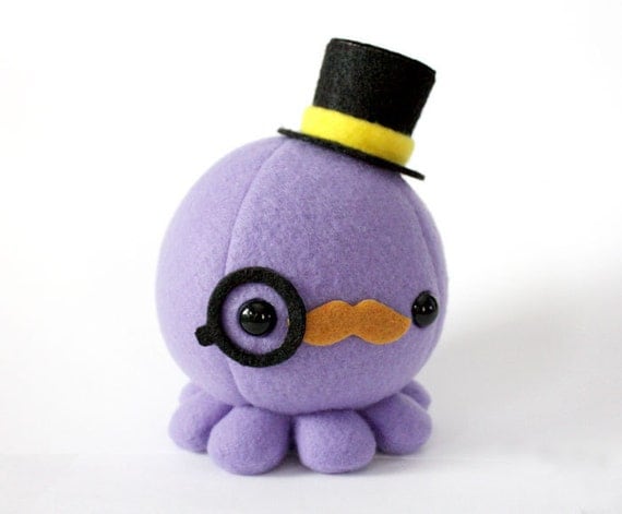 Moustache Octopus Plush w/ Top Hat and Monocle - Choose Colors