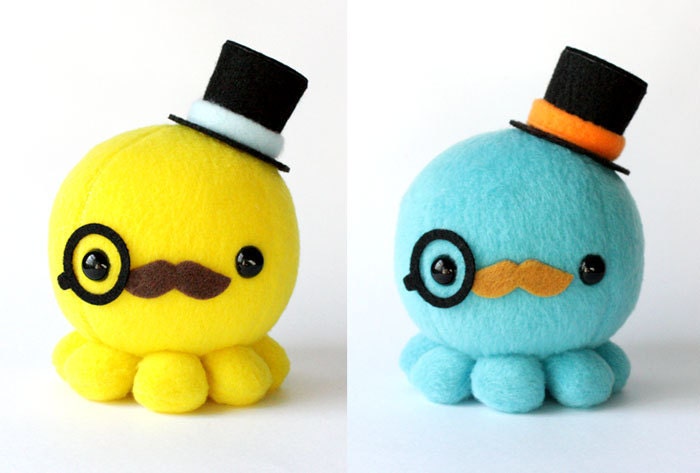 Moustache Octopus Plush w/ Top Hat and Monocle - Choose Colors