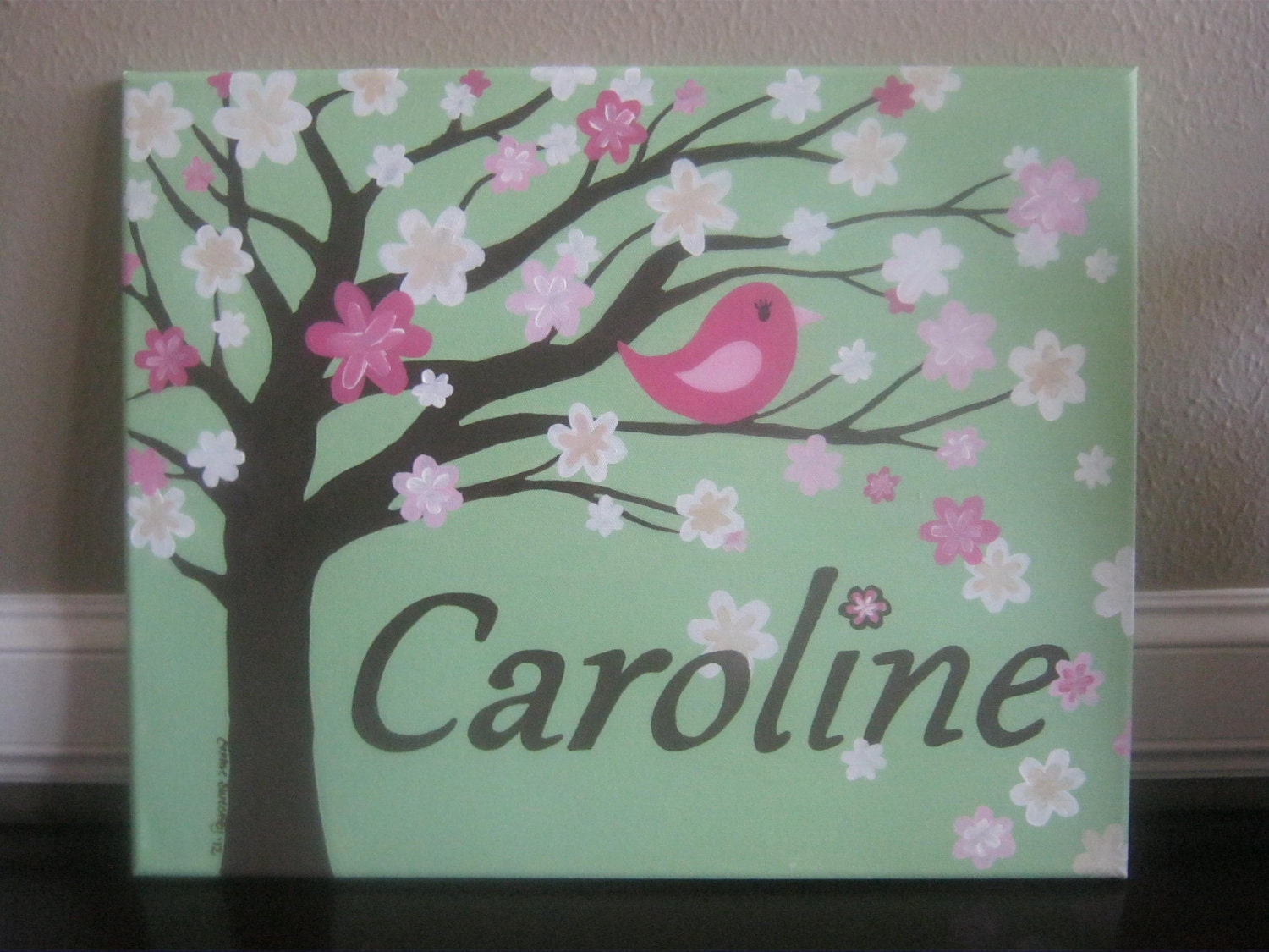 Nursery painting, personalized canvas for girl's room - tree, cherry blossom, bird