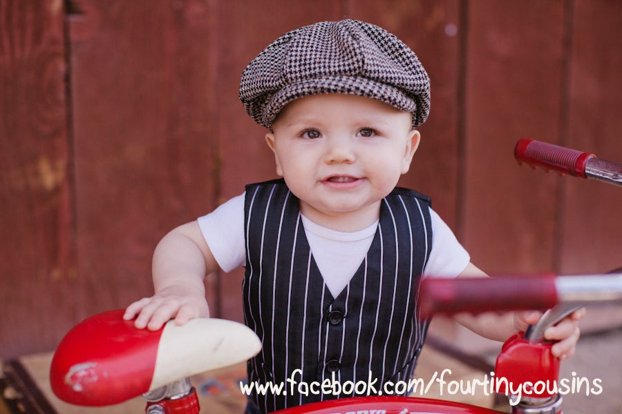 12-24 month size Baby Boy Newsboy Hat in vintage black and tan houndstooth. Classic Photo Prop. 12-24 month size (18-19.5") Ready To Ship
