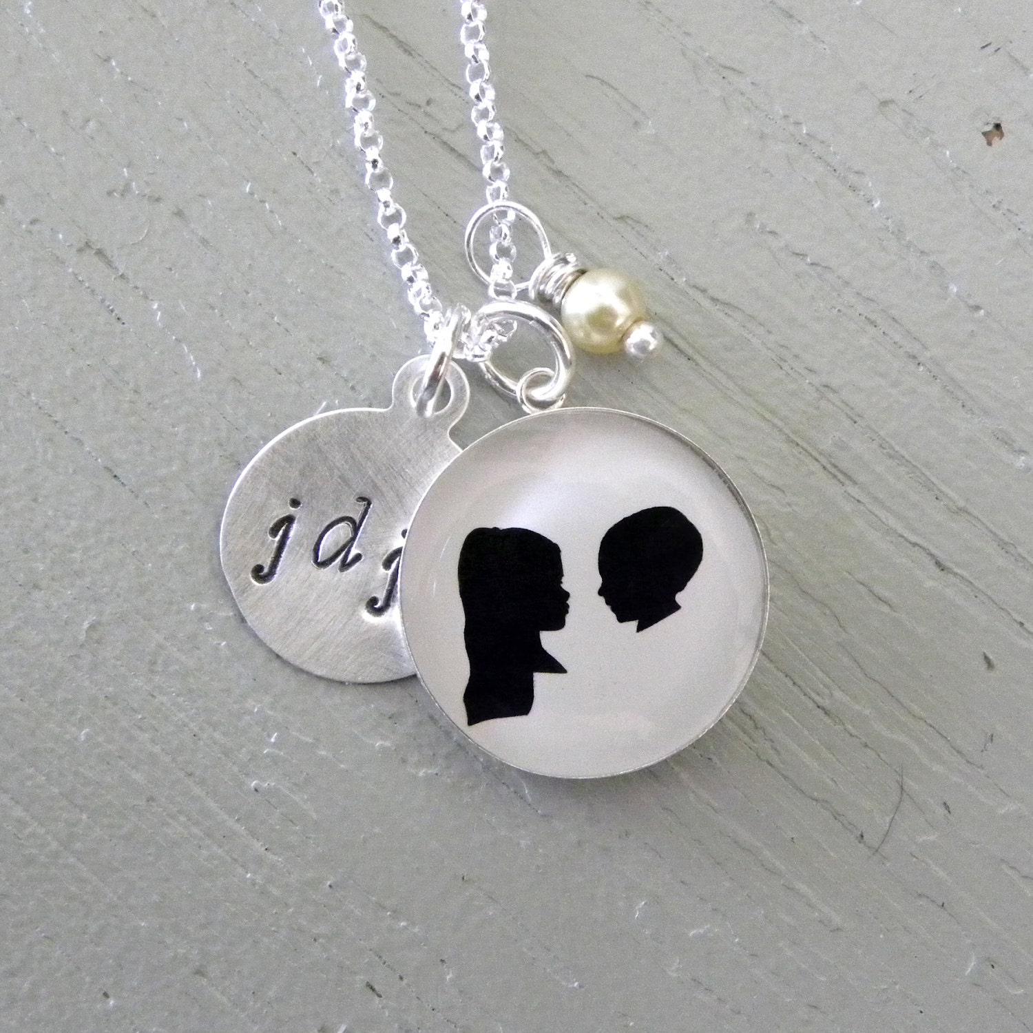 Custom 2 Silhouette Sterling Necklace with Stamped Initial Charm and Pearl Dangle for Mother or Grandmother