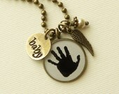 Angel Baby Handprint Memory Necklace with Wing Charm, stamped tag and Pearl Dangle for Mother