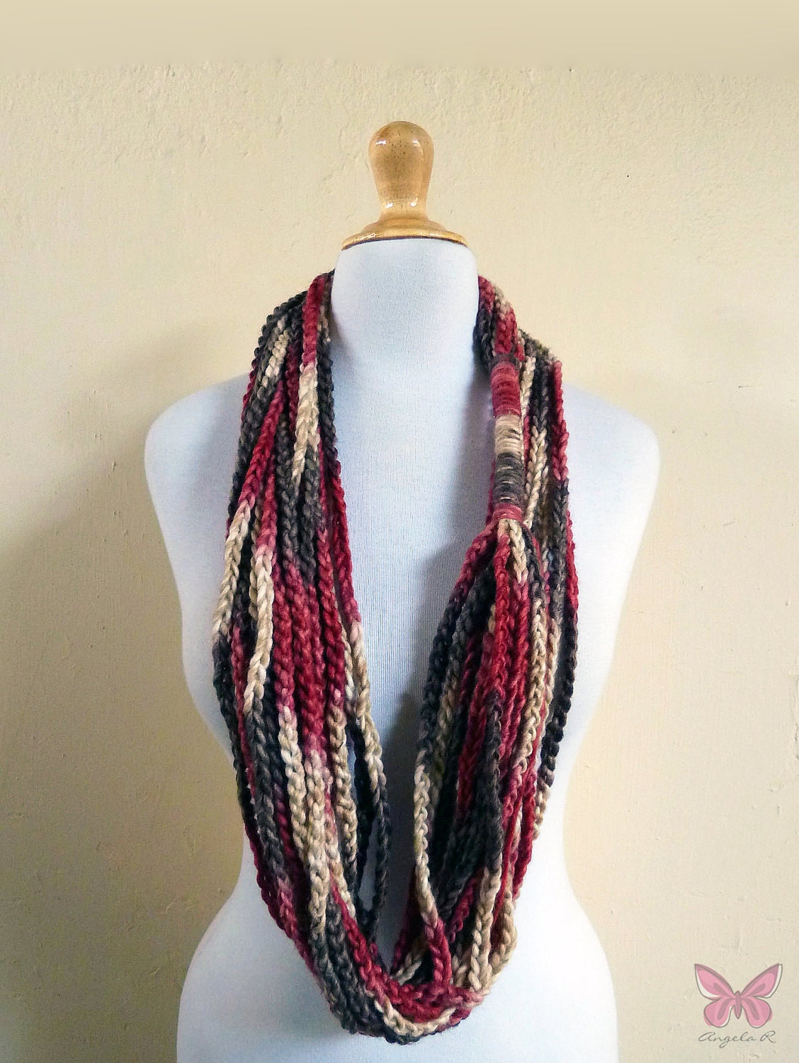 Crochet scarf - EARTH TONES Infinity Chain scarf - Brown beige red - accessories - chunky - wool