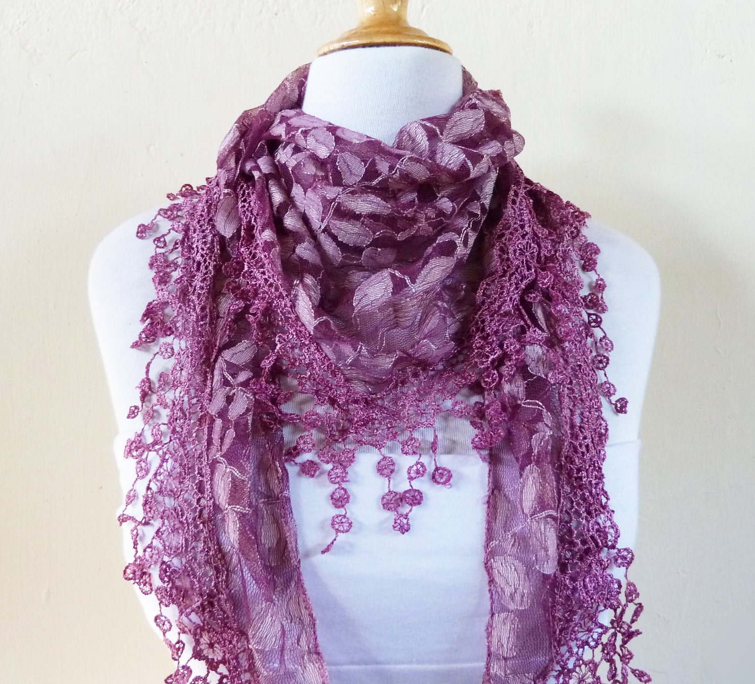 Womens scarf DEEP MAUVE with floral pattern and rich lace edge - scarflette shawl neckwarmer - Spring / Summer