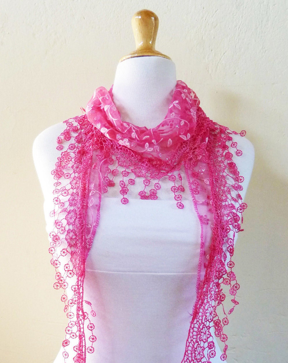 Womens scarf DEEP ROSE with floral print and rich lace edge - scarflette shawl neckwarmer - Spring / Summer
