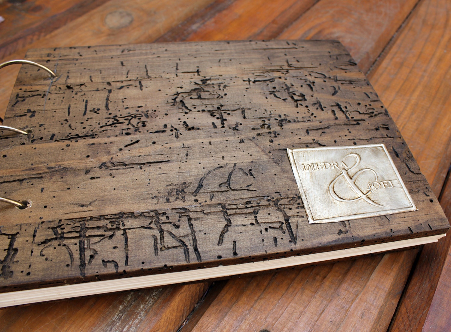 Personalized Wedding Album made of Rustic Wood with embossed aluminum monogram in antique gold