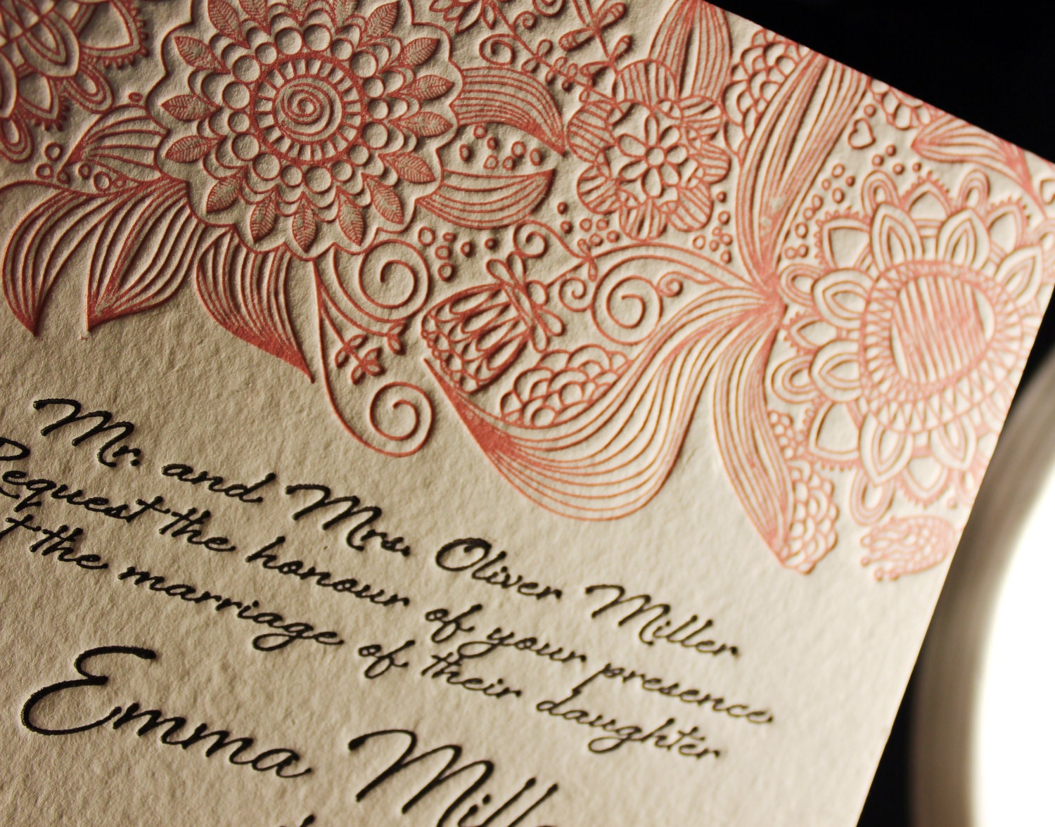 Custom Letterpress Wedding Invitations - Hot Pink Garden - shipped with a beautiful rustic box and guest book. 100 Invites.