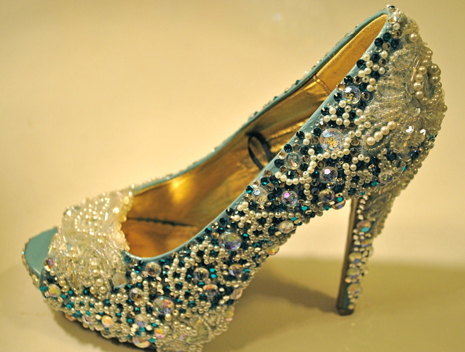Bridal Wedding Heels Shoes - Teal Blue Swarovski Crystal - Rhinestone Pearls & Lace