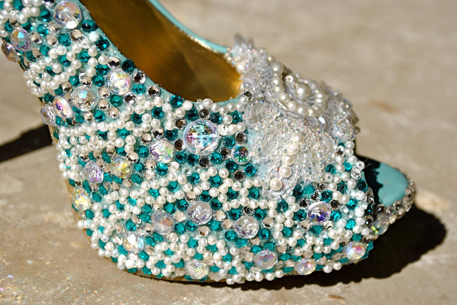 Bridal Wedding Heels Shoes - Teal Blue Swarovski Crystal - Rhinestone Pearls & Lace
