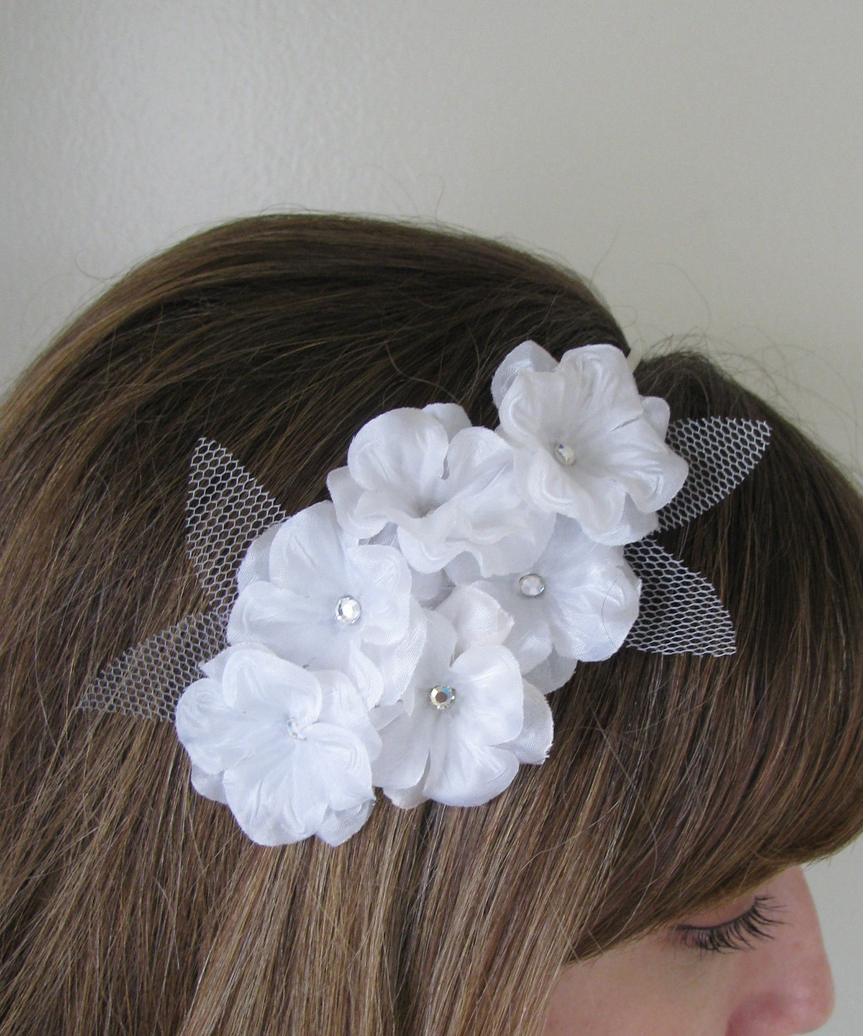 Soft White Hydrangea Fascinator Headband w/ Silver Tulle Leaves