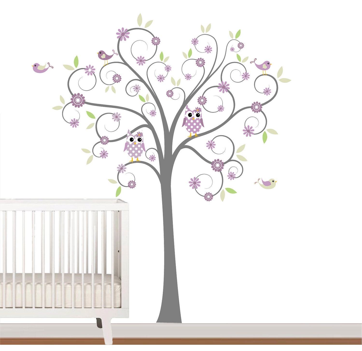 Nursery Wall Decal Baby Girls Tree with Flowers Owls Birds