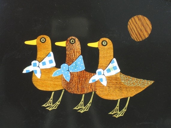 Buy holiday gift baskets with free shipping - Vintage COUROC Serving Tray Three Ducks Birds Inlaid Wood Home Decor Entertaining Holiday Gift Ideas -- Free Priority Shipping Included