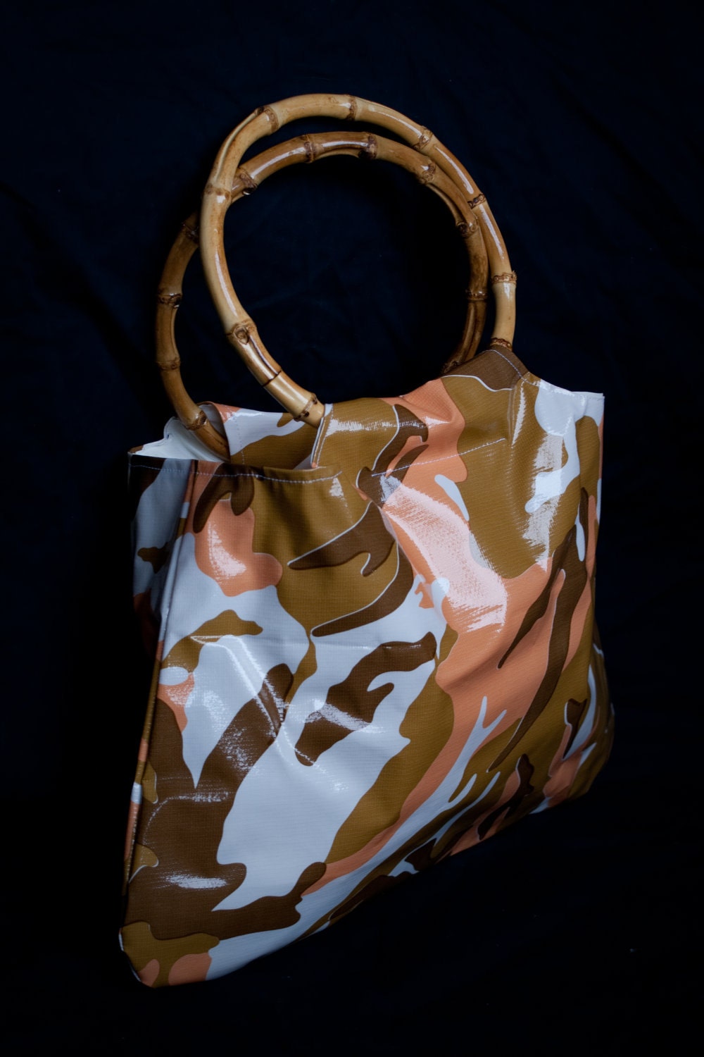 Oilcloth Purse-Peach and brown camo, with bamboo handles, handmade