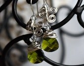 Wire Wrapped Earrings - Green Olive Swarovski Crystal Briolettes, Artisan Wire Design, Handmade Ear Wires "Drops of Olive Juice"