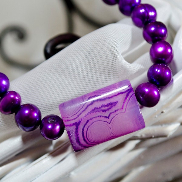 Purple Pearl Bracelet - Neon Freshwater Pearls & Genuine Striate Agate Stone "Electric Purple"