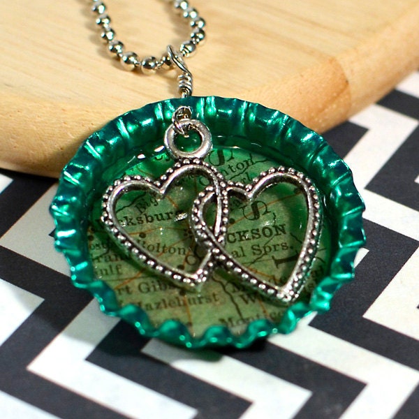 JACKSON - Destination: LOVE Personalized Map Resin Bottle Cap Pendant (Green), Double Hearts Dangle Charm - Long Distance Relationship