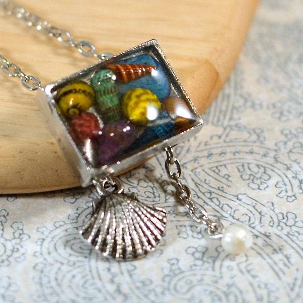 Sea Shells Resin Pendant Asymmetrical Necklace - Neon Painted Shells in Silver Pendant with Dangle Shell Charm and Real Pearl on Chain