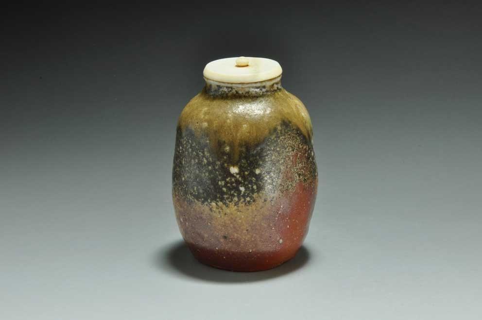 Shigaraki, anagama, ten-day anagama wood firing, with natural ash deposits tea caddy with ivory lid and clothes. chaire-32