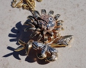 Steampunk  Damascene Flower Necklace Brooch Free ship