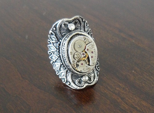 SteamPunk  Rhinestone  Ring Sz. 8 Adjustable