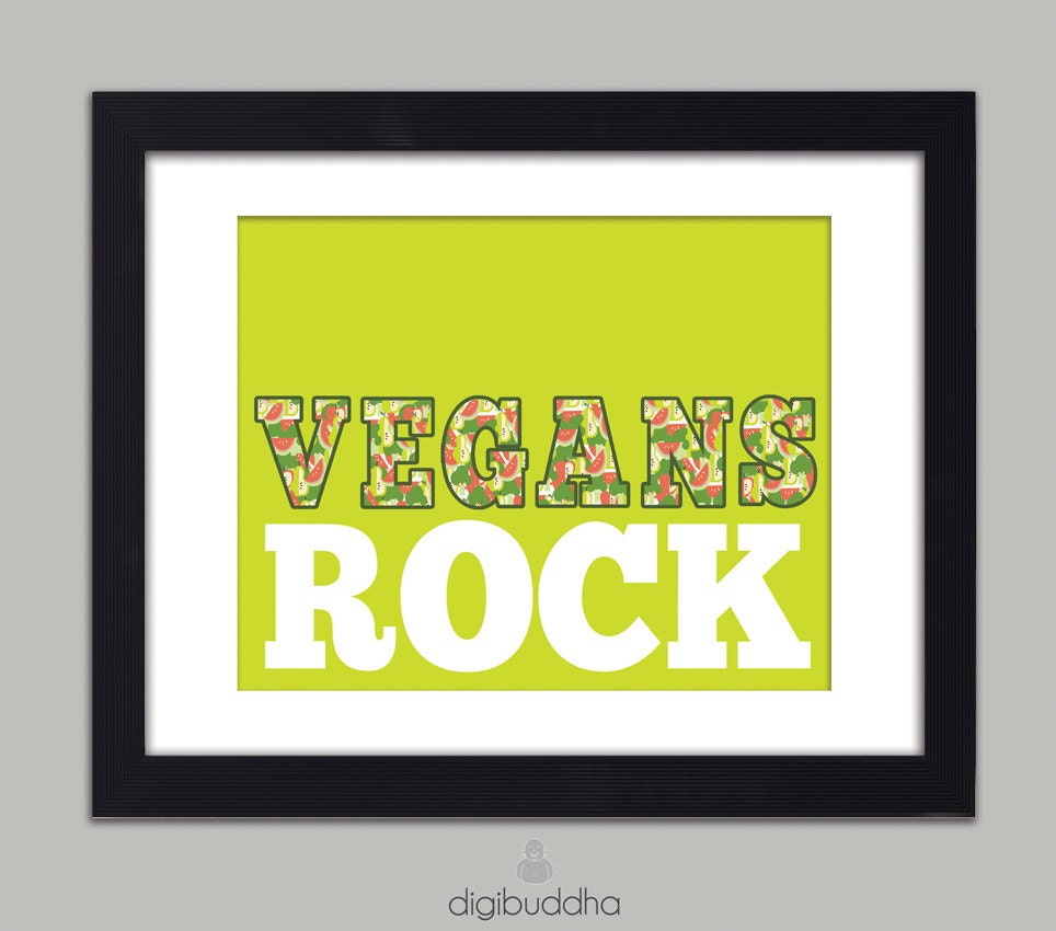 Vegans Rock Vegetable Fruit Food Poster Typography Word Art Kitchen Wall Art 8x10 Vegan Vegetarian Modern Poster Wall Decor Premium Print