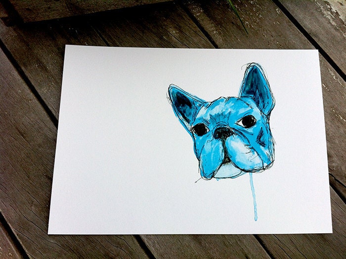 Drool - Blue French Bulldog - A4 art print of an original ballpoint and watercolor illustration