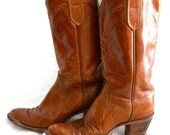 Vintage 70's Tony Lama Black Label Toffee Brown Leather Boots Sz 6A - Knee High with Stacked Heel