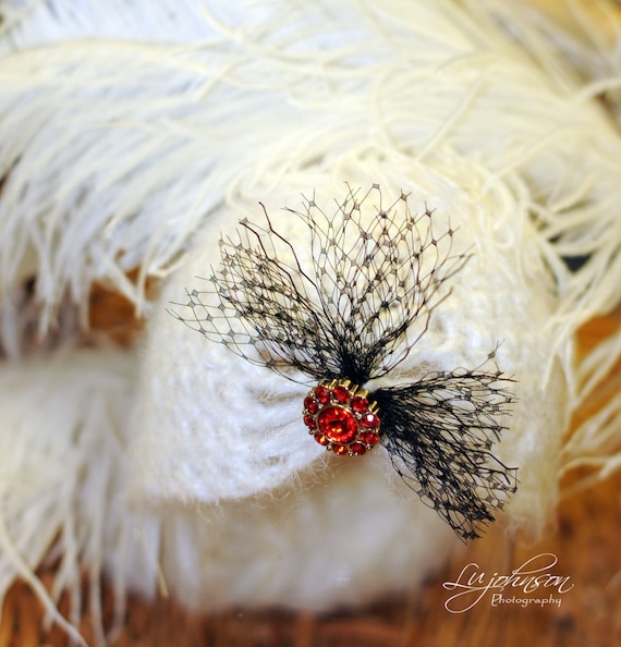Newborn BABY Hat  Christmas White with Red Jewel & Black Netting.  VERY SOFT. Ready to Ship