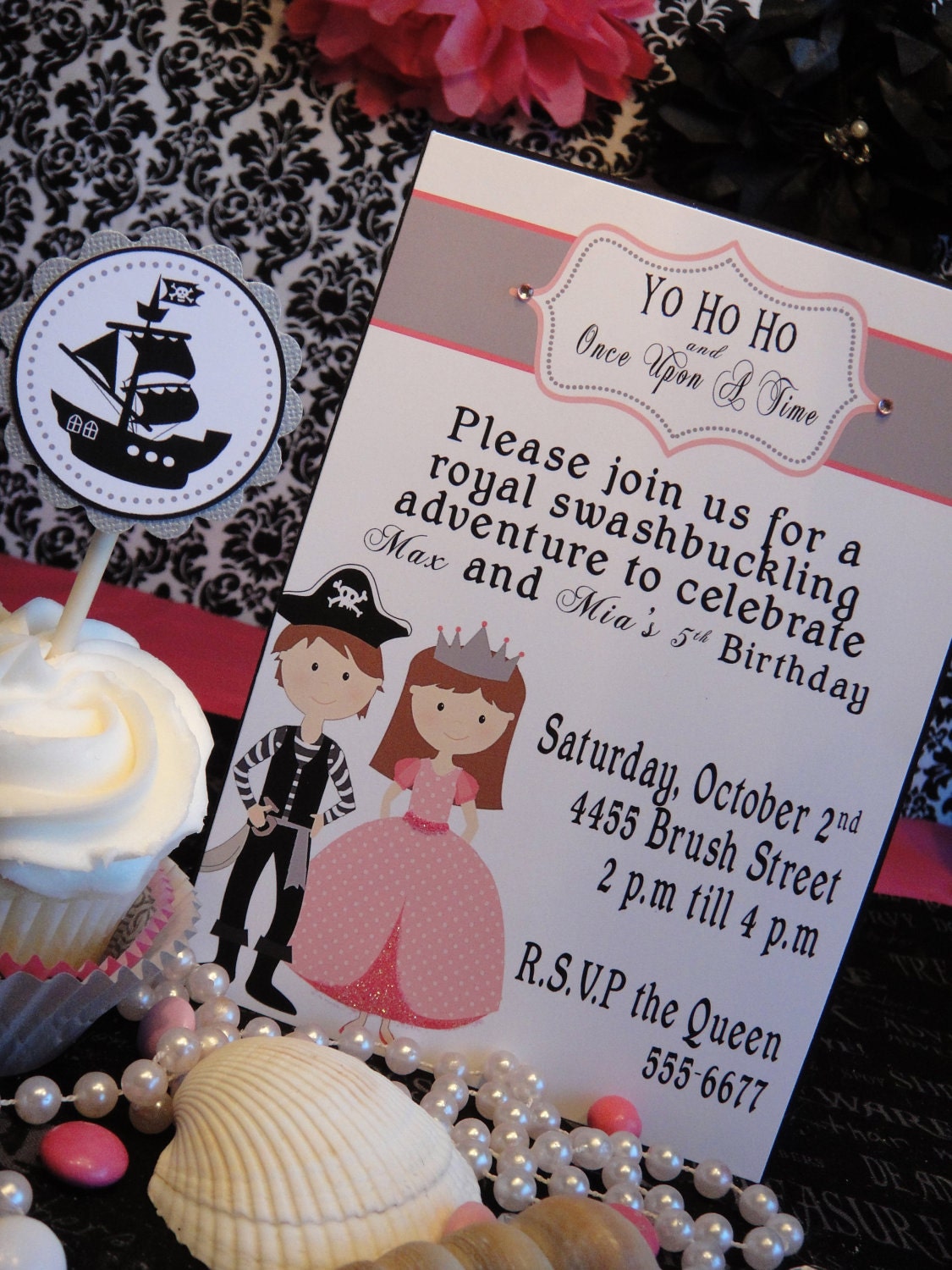 Princess and Pirate Birthday Party Hand Glittered Invitations in Pink, Black, and Silver Il_570xn
