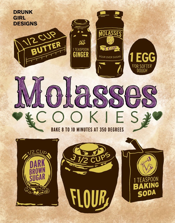 Illustrated Recipe - Molasses Cookies - 8"x10" Print