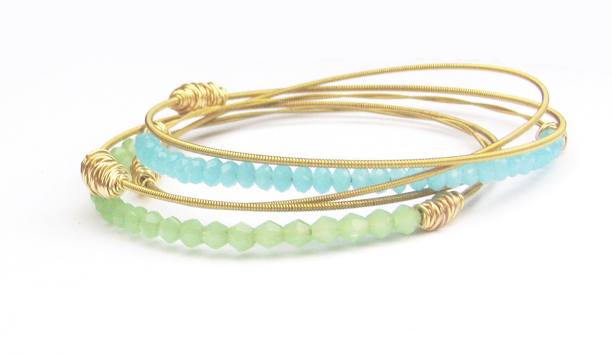 Bangle Bracelet Stack // Set of 5 // Mint Green, Gold // Faceted Czech Glass Beads // Recycled Jewelry // Eco-Friendly