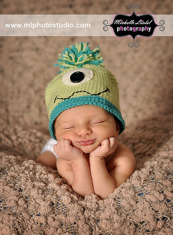 Custom Crochet Monster Hat  in Blue and Green for Babies and Children