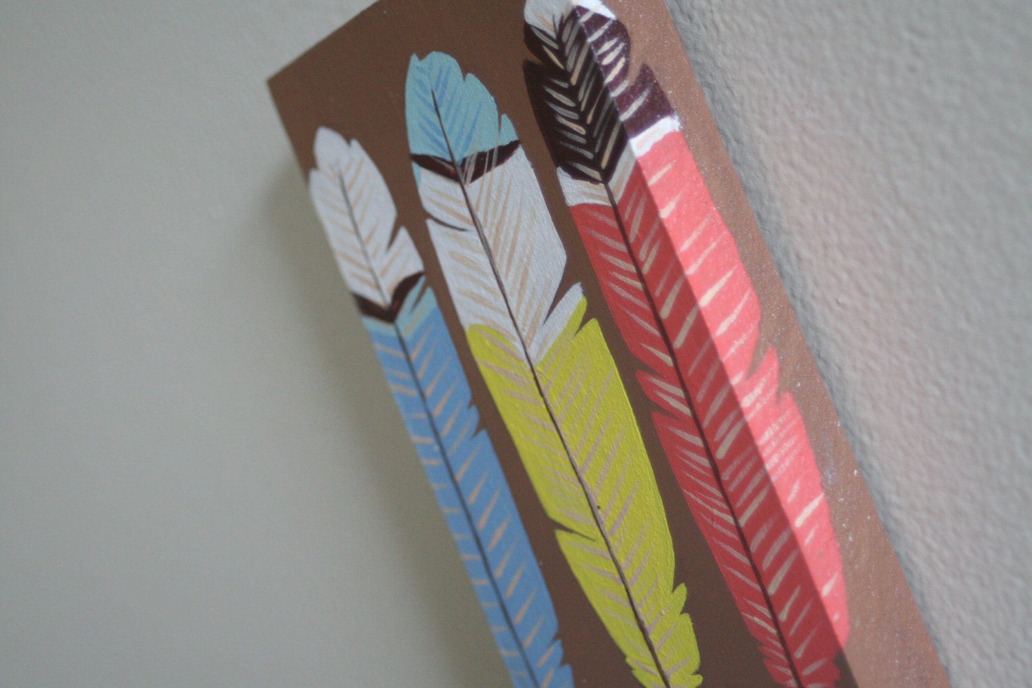3 Feathers Painted on Wood - Colorful Feathers on Pale Brown