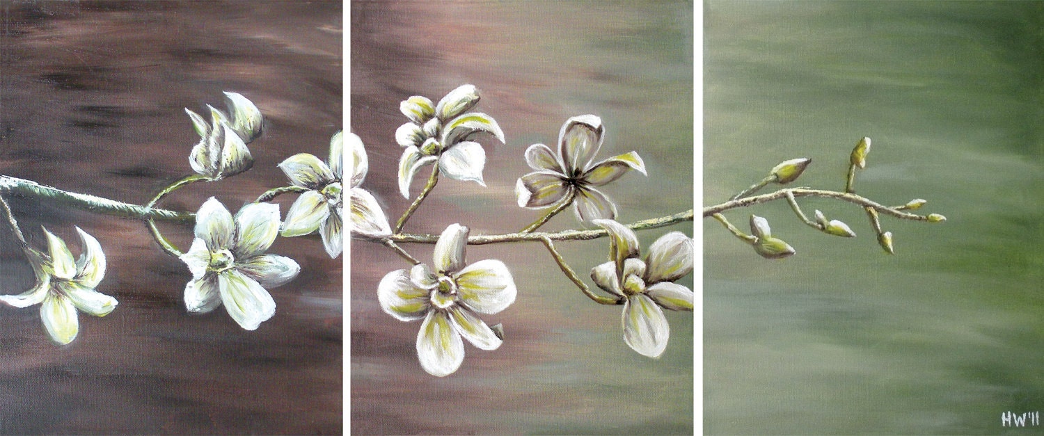 White Orchid Original Oil Painting floral still life modern decor landscape triptych 33x14 by Heather Wallace