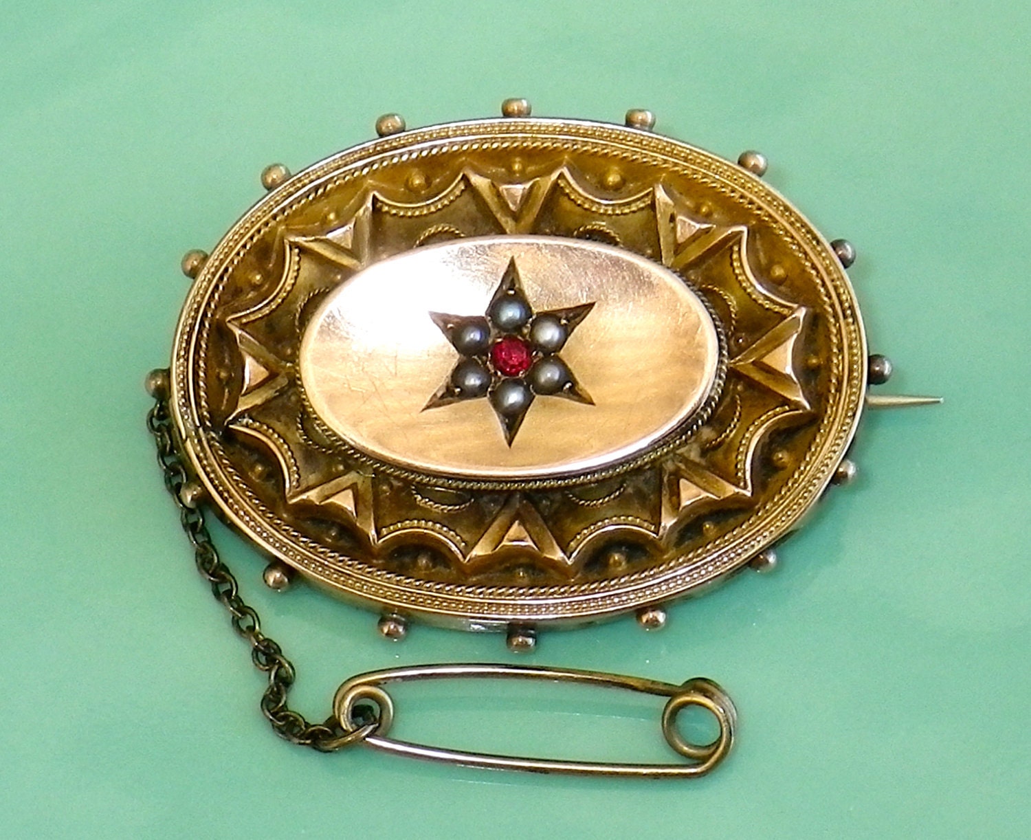 STUNNING Antique 9K Gold Seed Pearl Ruby Locket Mourning Brooch