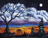 SUNSET CASTLE Fine Art Print  Colorful Spooky Sunrise Landscape Full Moon Big Tree Eerie Castle with Bridge by K Graham