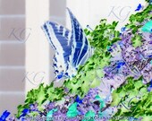 BLUE BUTTERFLY Art Print  -Original Surreal Altered Photograph by K Graham Purple Blue & Turquoise Flowers 8x10 Nature Floral Insect Green
