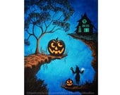 Halloween Fine Art Print WITCH HOUSE Spooky Haunted House Jackolantern Black Cat Crystal Ball Magic Spell Creepy Tree Art by K Graham