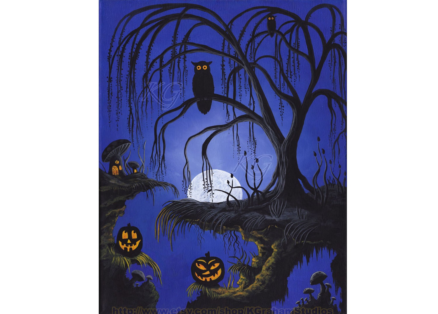 Halloween Original 11x14 Fine Art Fantasy Painting 2 OWLS by K Graham Willow Tree Mushroom Fairy Houses Jackolantern Deep Blue Sky Full Moon