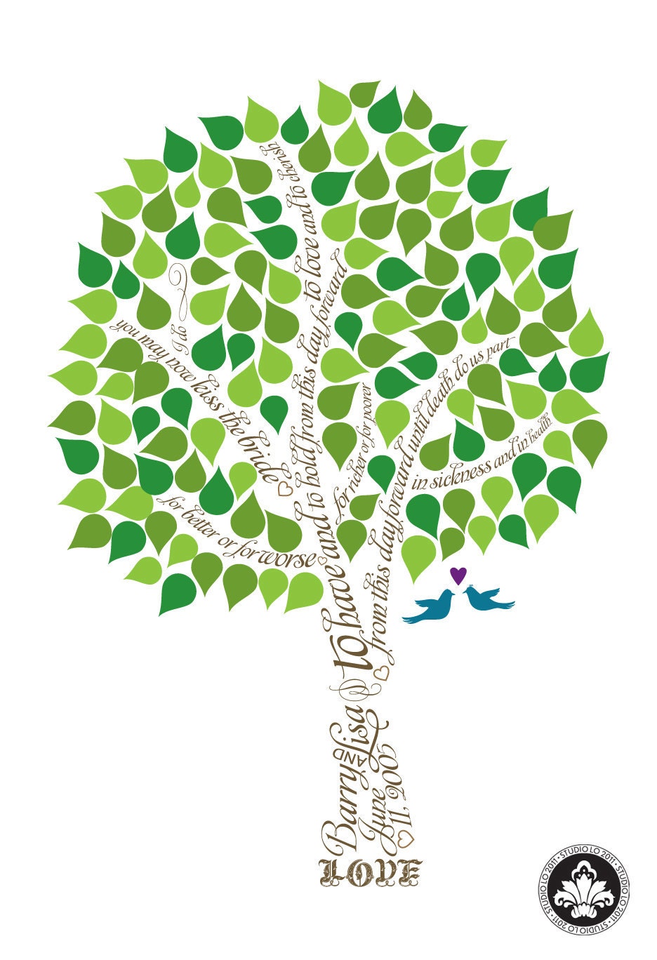SIGNATURE WEDDING tree. Guest book alternative. Love birds in the tree. (T1) 13x19 - 75 signatures. StudioLO2011