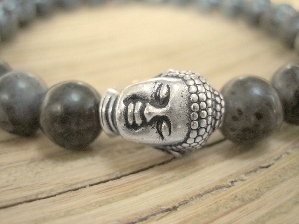 Mens Buddha Bracelet - Black Moonstone and Silver Buddha Head Bead, Blue Grey Semi Precious Stone Mala, Yoga Bracelet