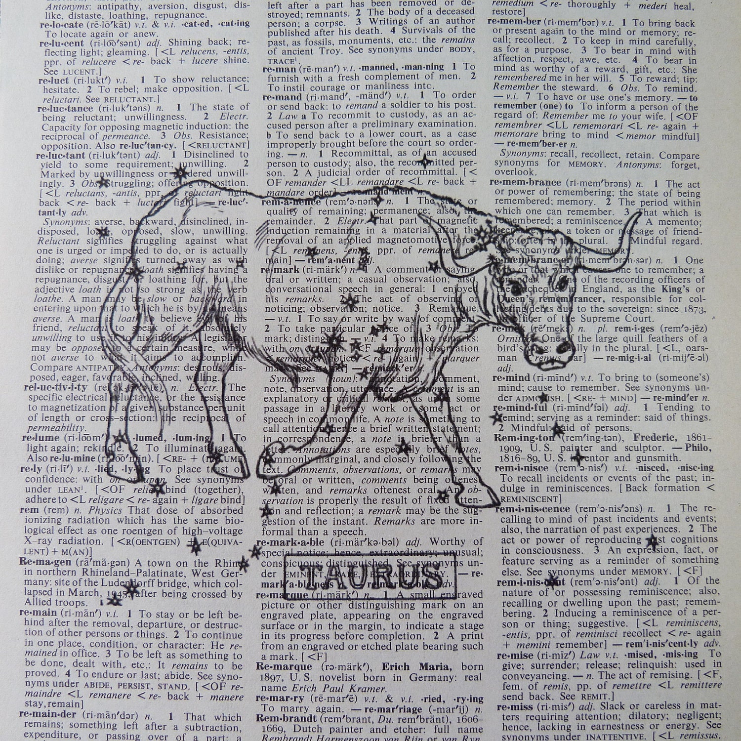 Taurus - Zodiac - Dictionary Art Print - Upcycled Vintage Paper - 7-3/4 x 10-3/4