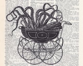 Dictionary Art Print - Upcycled Vintage Paper - Cthulhu in Baby Carriage Print - 7-3/4 x 10-3/4