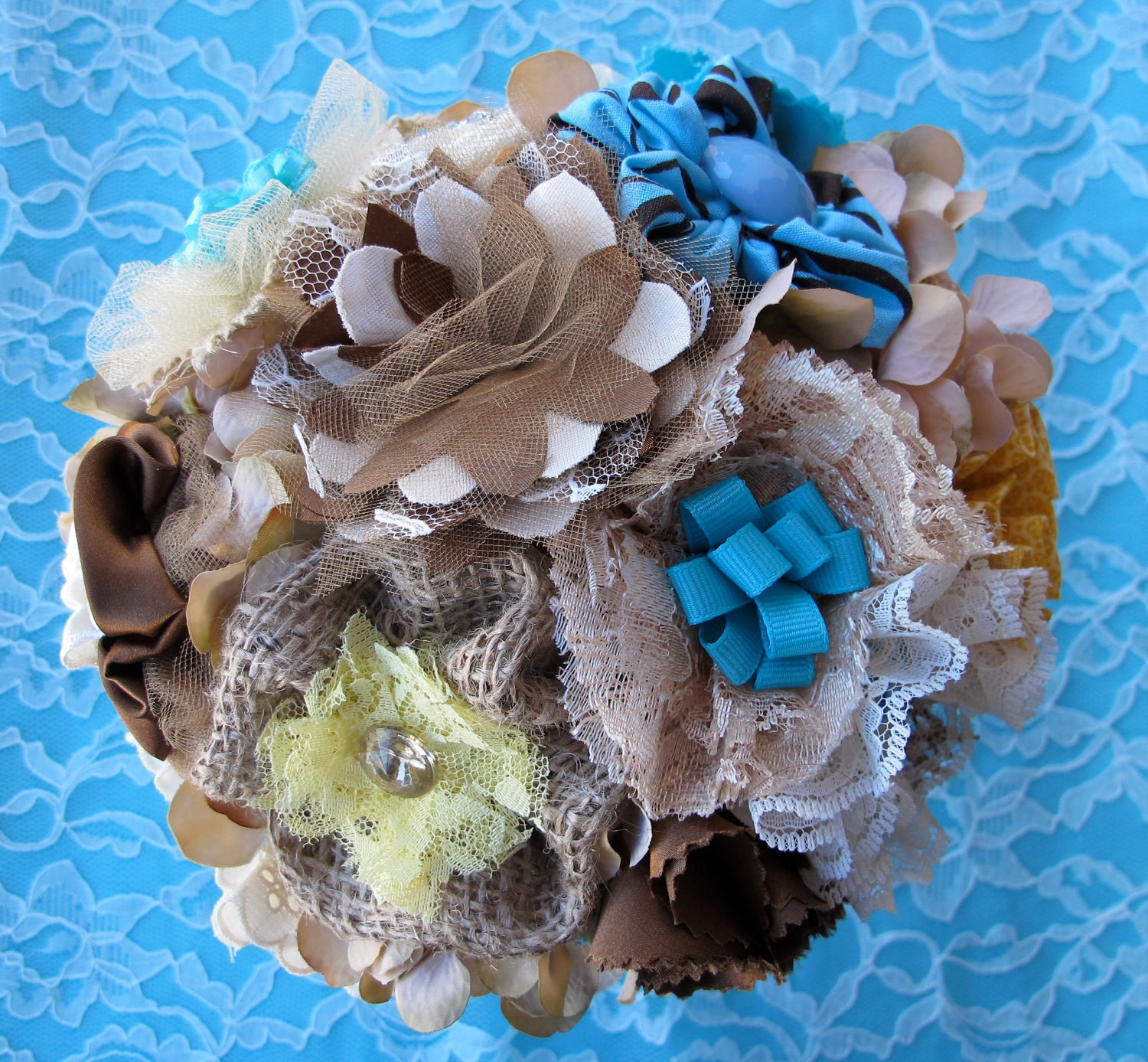 Rustic Burlap Wedding Bouquet: Vintage Fabric Lace Feather Country Bridal