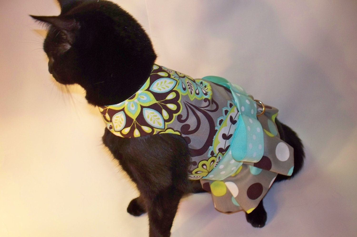 CoolCats Gray Mod Paisley and Polka Dot Cat Harness Dress