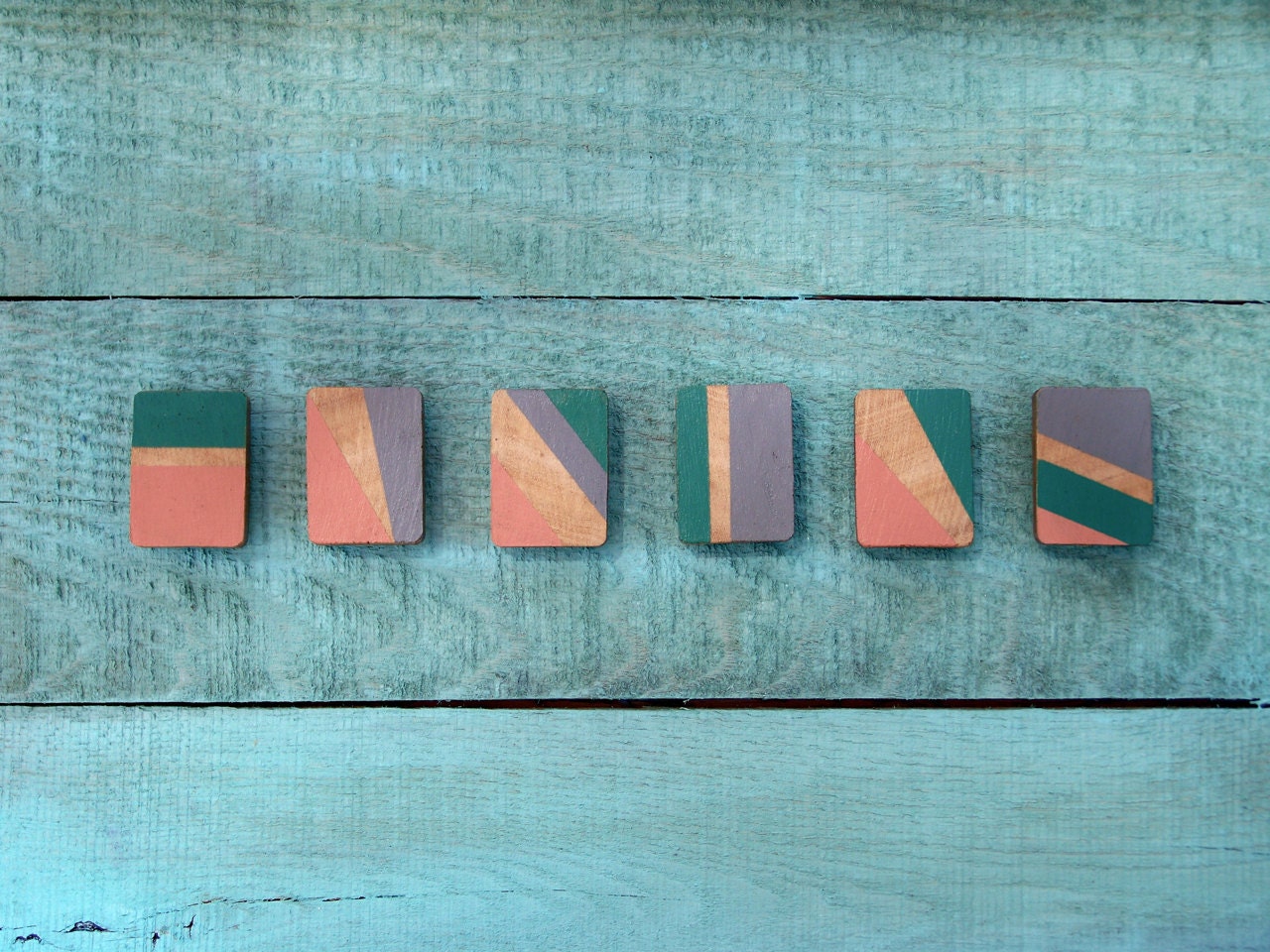 Reclaimed Wood Hand Painted Color Block Magnets (Turquoise, Gray, & Coral)
