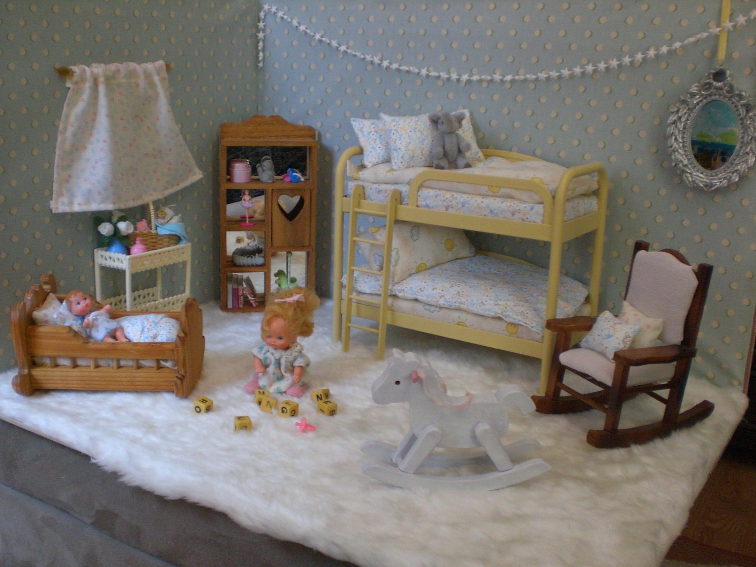 Barbie Doll  Baby Nursery Complete Room Walls Furniture Clothes Accessories OOAK House