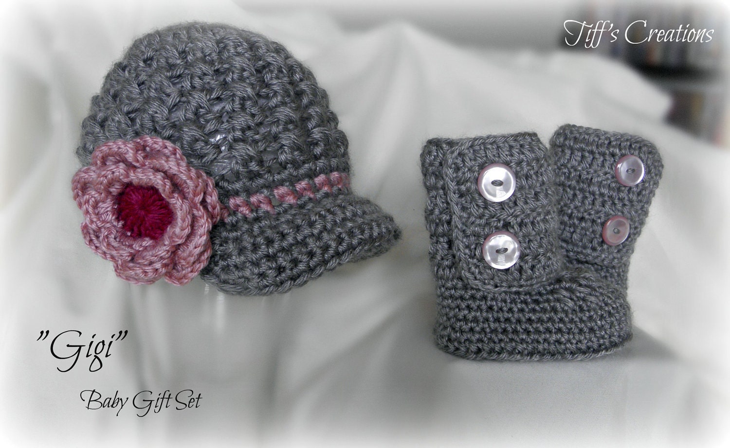 Perfect baby gift set - ankle booties and brimmed hat with 3D flower - grey and pink available in newborn - 12 months sizes