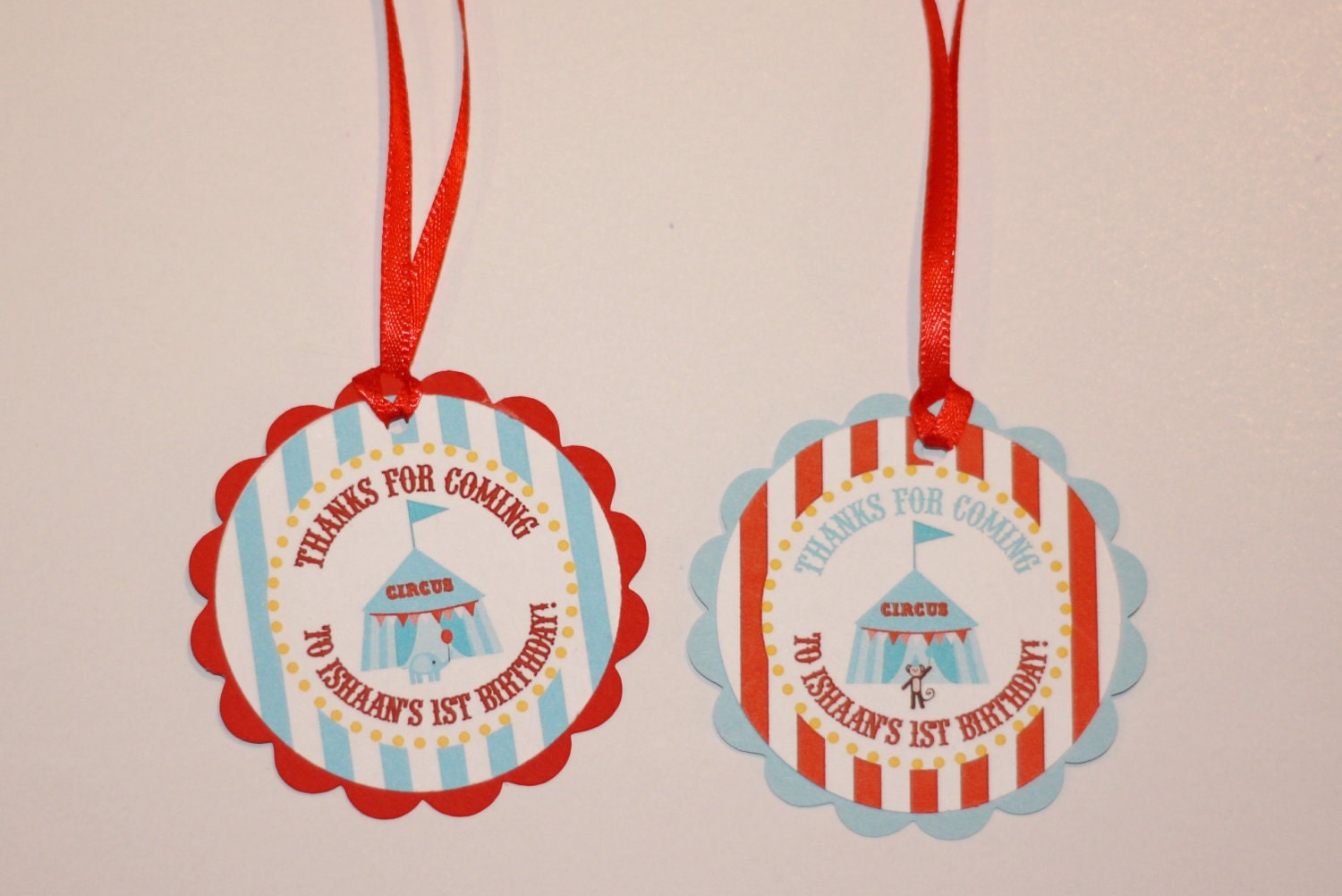 12 Vintage Circus Carnival Theme Birthday Party Favor Tags - Party Circles - Other Colors Available - Free Ship Over 60.00