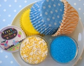 Sunny Sky Cupcake Kit - Sprinkles, Sugar and Cupcake Liners - Yellow and Blue - SALE - SAVE 15%